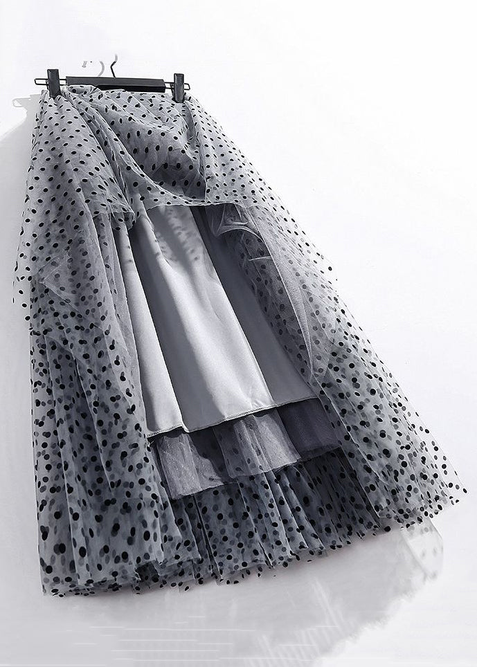 Dark Gray Dot Pleated Tulle Skirt High Waist Summer