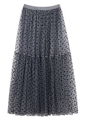 Dark Gray Dot Pleated Tulle Skirt High Waist Summer