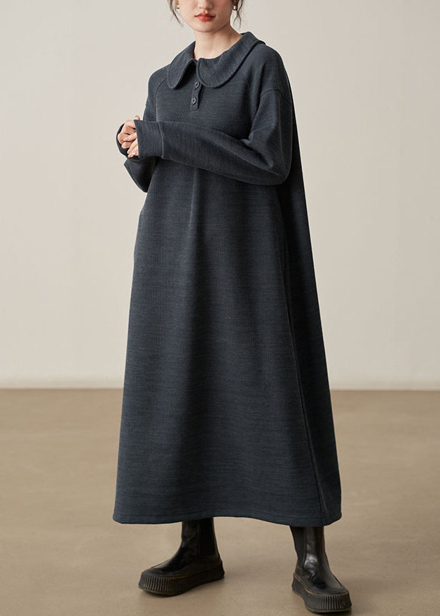 Dark Gray  Cotton Knit Dresses Peter Pan Collar Long Sleeve