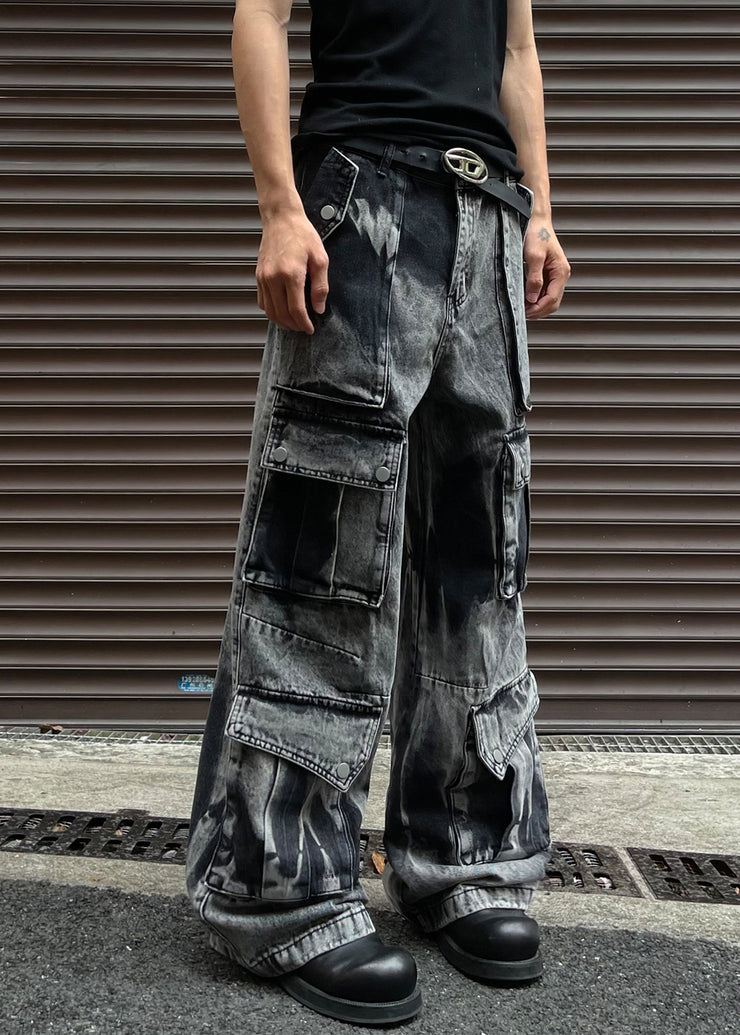 Dark Gray Pockets Denim Summer Mens Pants High Waist