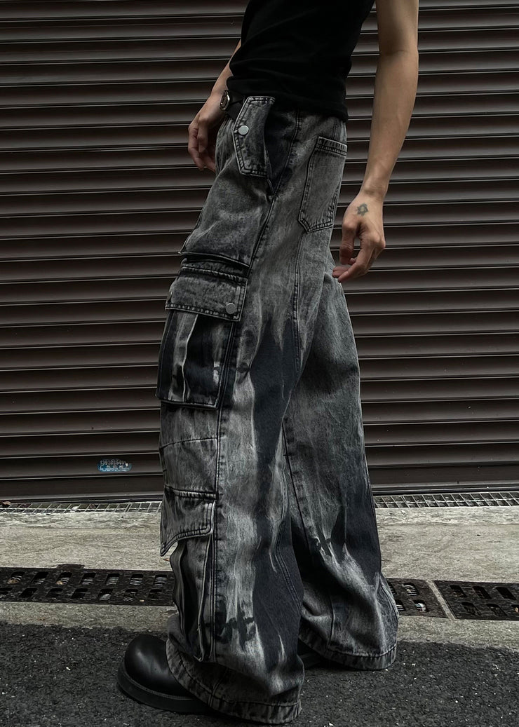 Dark Gray Pockets Denim Summer Mens Pants High Waist