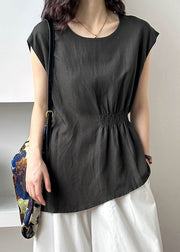 Dark Gray Side Open Cotton Top O Neck Sleeveless