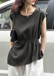 Dark Gray Side Open Cotton Top O Neck Sleeveless