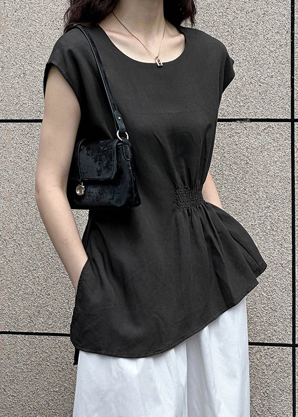 Dark Gray Side Open Cotton Top O Neck Sleeveless