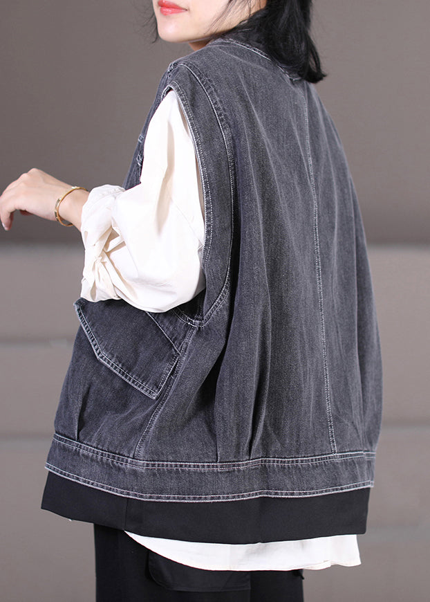 Dark Gray V Neck Patchwork Button Fake Two Pieces Denim Waistcoat Sleeveless