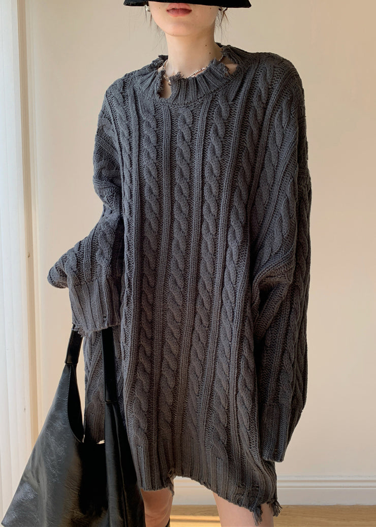 Dark Grey Cozy Knit Sweater Hole Winter