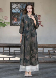 Dark Grey Patchwork Linen Maxi Dresses V Neck Lace Up Summer