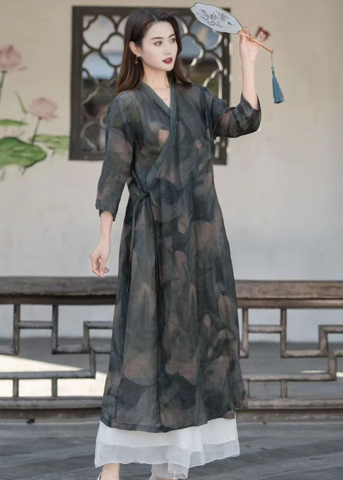 Dark Grey Patchwork Linen Maxi Dresses V Neck Lace Up Summer