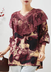 Dark Purple Patchwork Lace Chiffon Shirts V Neck Spring