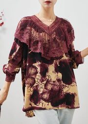 Dark Purple Patchwork Lace Chiffon Shirts V Neck Spring