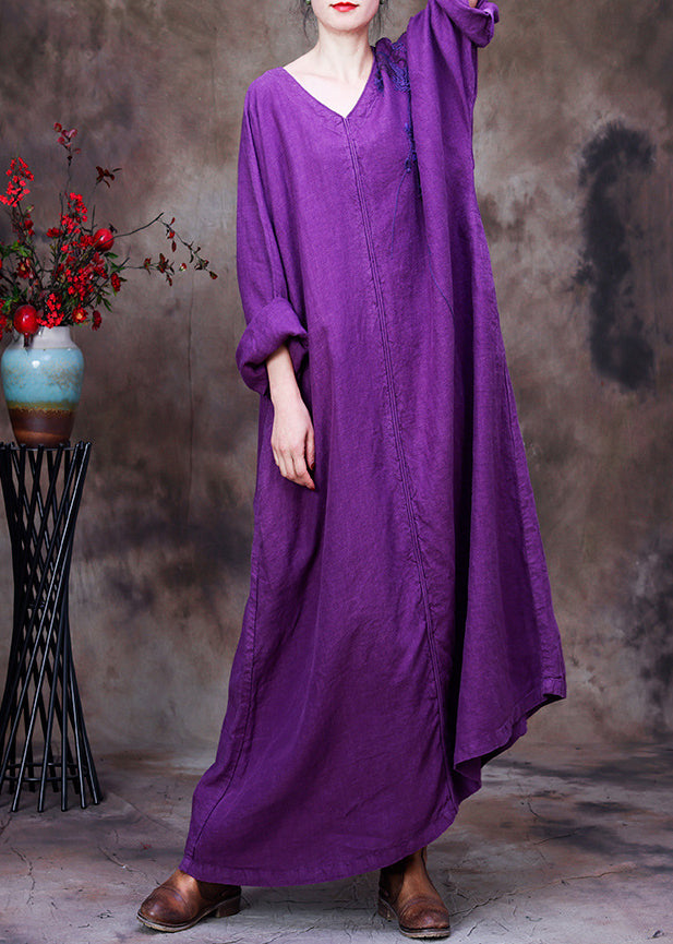 Dark Purple V Neck Embroideried Floral Linen Dress Long Sleeve