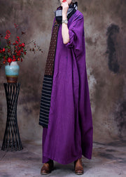 Dark Purple V Neck Embroideried Floral Linen Dress Long Sleeve