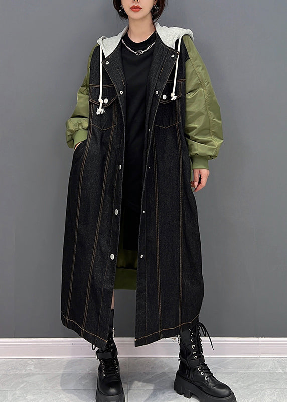 Denim Black Patchwork Button Hooded Coat Fall