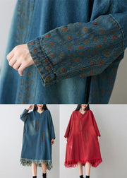 Denim Blue Patchwork Cotton Dress Oversized Applique Spring