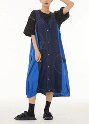 Denim Blue Patchwork Cotton Strap Dress Oversized Summer