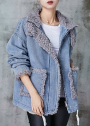 Denim Blue Patchwork Fleece Wool Lined Coat Oversized Winter