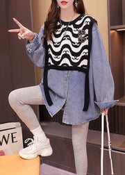 Denim Blue Patchwork Knit Denim Shirts Oversized Print Spring