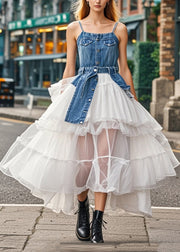 Denim Blue Patchwork Tulle Spaghetti Strap Dress Exra Large Hem Summer