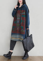 Denim Blue Print Cotton Sweatshirt Dress Oversized Drawstring Spring