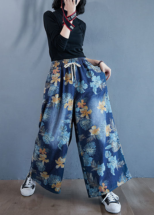 Denim Blue Print Cotton Wide Leg Pants Elastic Waist Spring