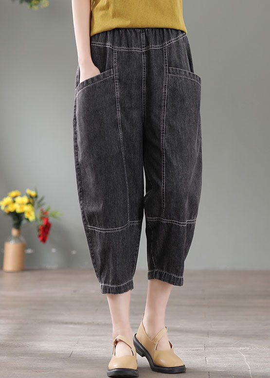 Denim Grey Patchwork Cotton Crop Pants High Waist Pockets Summer