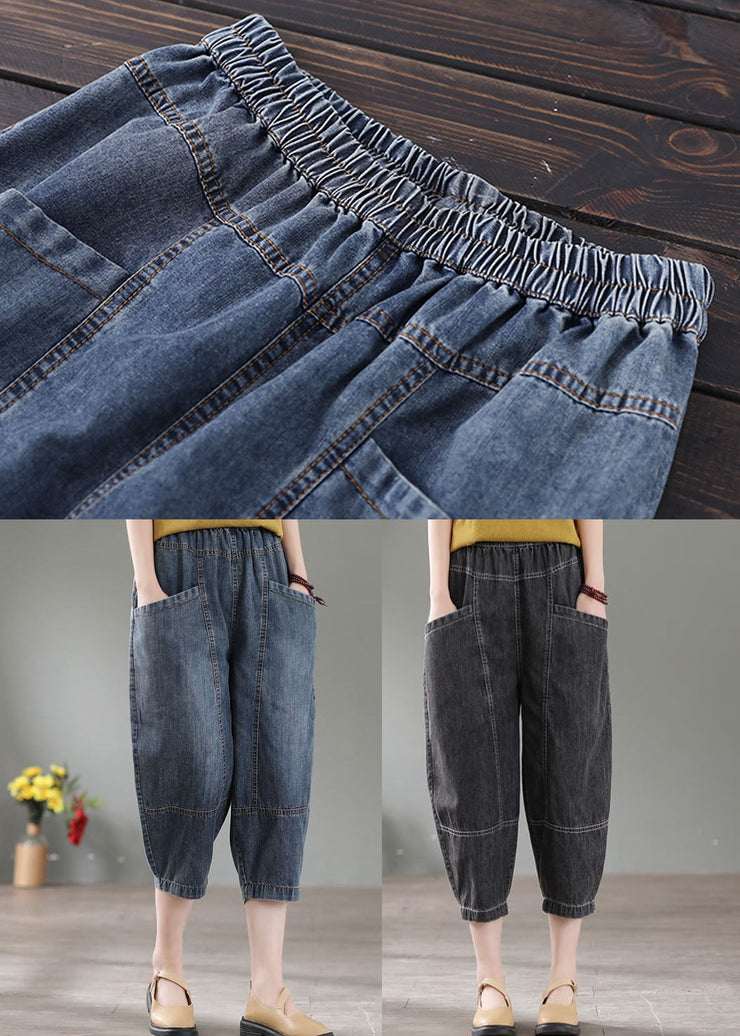 Denim Grey Patchwork Cotton Crop Pants High Waist Pockets Summer