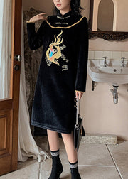 Dinner Black Stand Collar Embroideried Side Open Low High Design Button Velour Vacation Long Dresses Spring