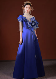 Dinner Blue Turtleneck Asymmetrical Ruffled Tulle Patchwork Silk Vacation Long Dresses Summer