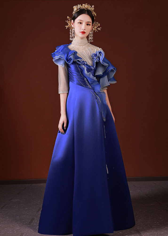 Dinner Blue Turtleneck Asymmetrical Ruffled Tulle Patchwork Silk Vacation Long Dresses Summer