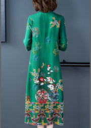 Dinner Green Stand Collar Neck Tie Print Silk Maxi Dresses Long Sleeve