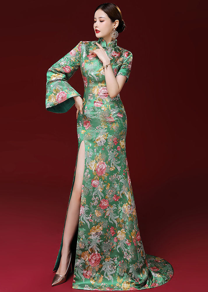 Dinner Green Stand Collar Print Side Open Silk Long Vestidos Long Sleeve