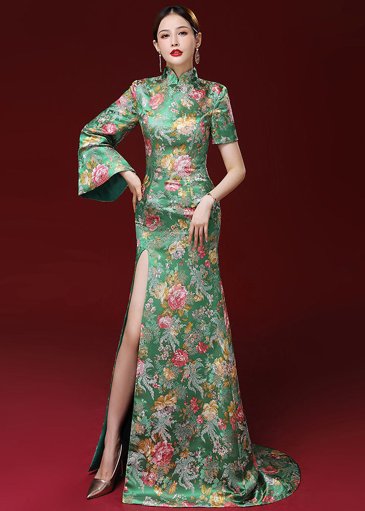 Dinner Green Stand Collar Print Side Open Silk Long Vestidos Long Sleeve