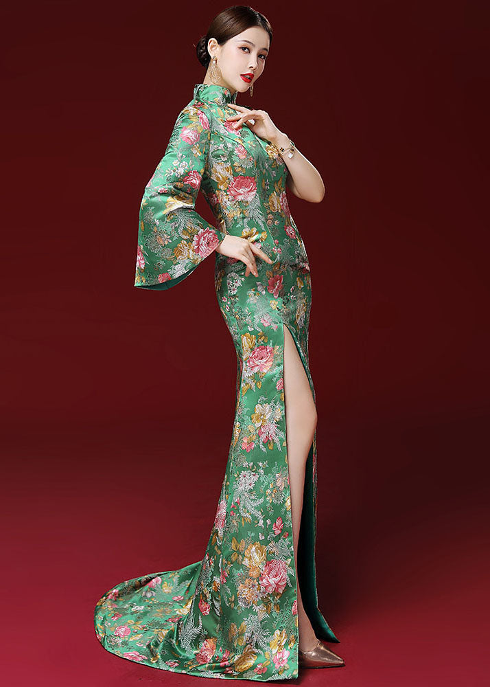 Dinner Green Stand Collar Print Side Open Silk Long Vestidos Long Sleeve