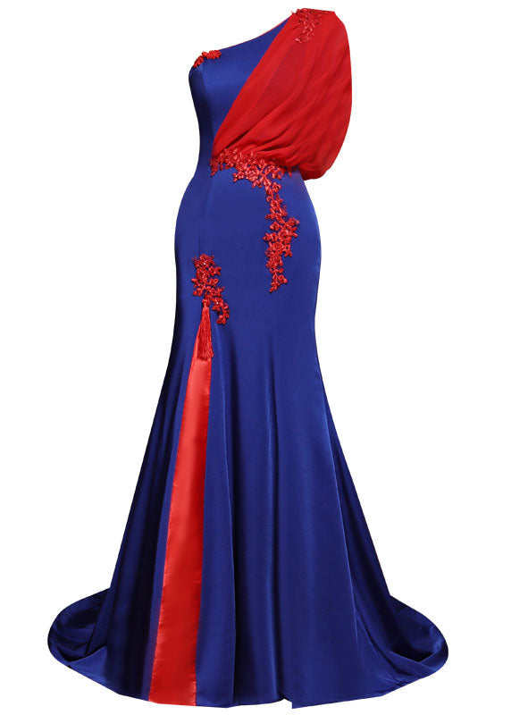 Dinner Royal Blue Shoulder Tulle Patchwork Silk Mopping Long Dress Summer