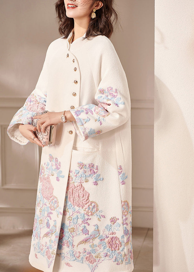 Dinner White Stand Collar Embroideried Button Thick Cotton Coats Spring