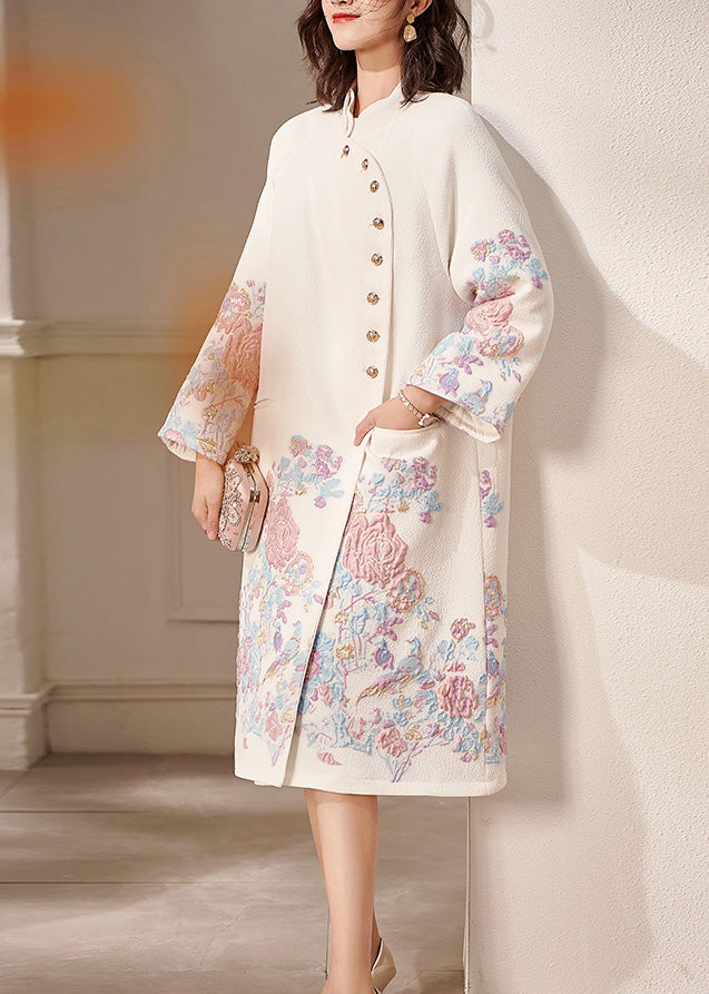 Dinner White Stand Collar Embroideried Button Thick Cotton Coats Spring