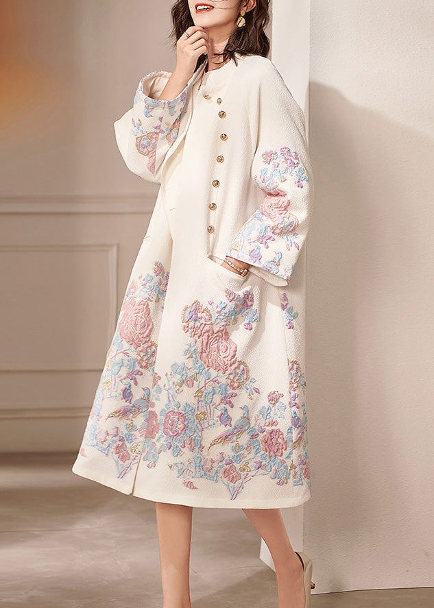 Dinner White Stand Collar Embroideried Button Thick Cotton Coats Spring