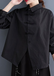 Diy Black Asymmetrical Design Chinese Button Cotton Shirts Spring