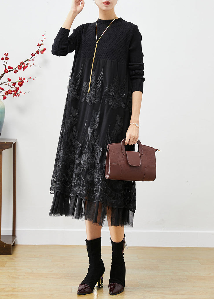 Diy Black Embroideried Patchwork Tulle Knit Long Dress Fall