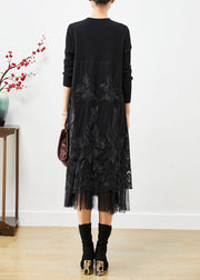 Diy Black Embroideried Patchwork Tulle Knit Long Dress Fall