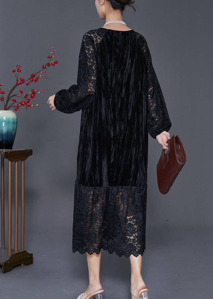 Diy Black Hollow Out Lace Patchwork Silk Velour Maxi Dresses Fall