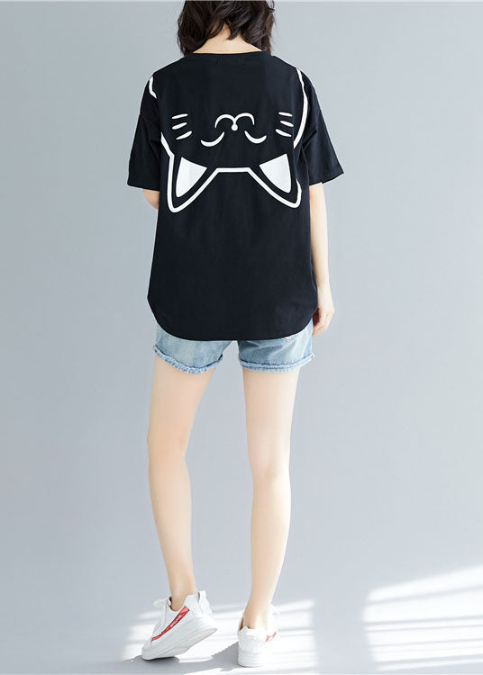 Diy Black O Neck Cartoon Print Cotton T Shirt Tops Short Sleeve