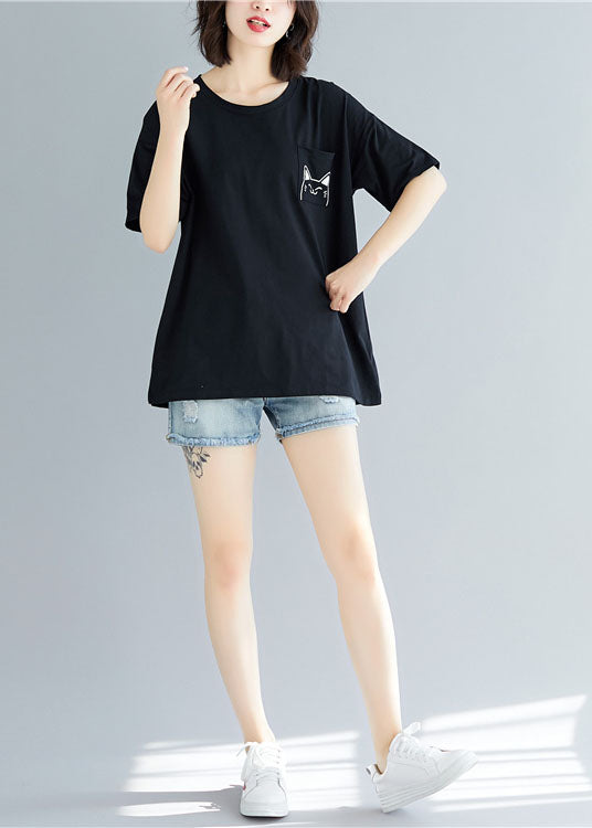 Diy Black O Neck Cartoon Print Cotton T Shirt Tops Short Sleeve