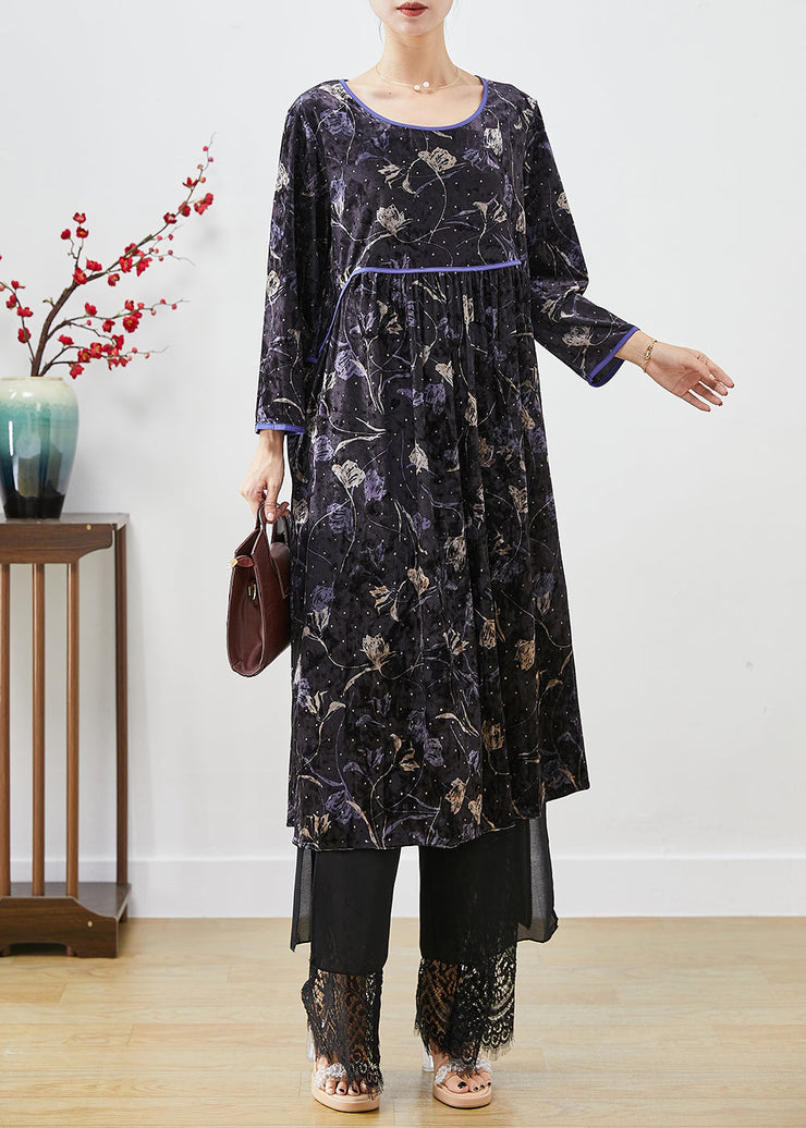 Diy Black Oversized Print Silk Velour Vacation Dresses Fall