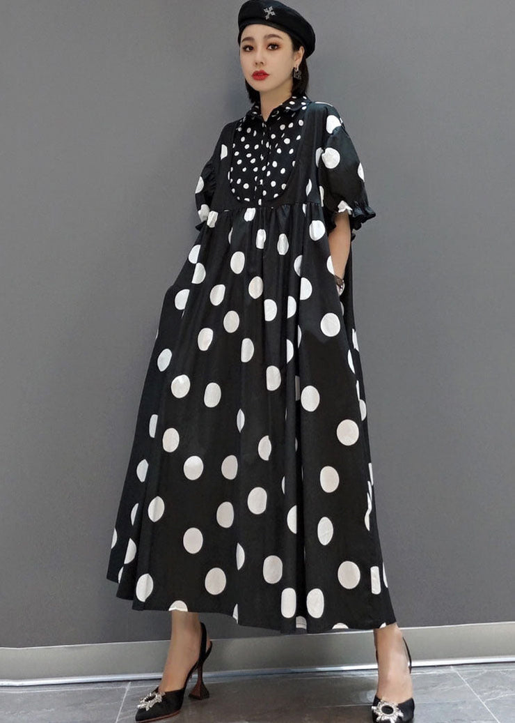 Diy Black Peter Pan Collar Patchwork Dot Print Exra Large Hem Cotton Long Dress Short Sleeve