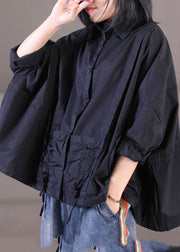 Diy Black Turn-down Collar Drawstring Wrinkled Cotton Loose Shirt Top Batwing Sleeve