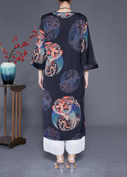 Diy Black V Neck Print Side Open Silk Dresses Bracelet Sleeve