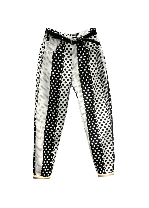 Diy Black White Dot Pockets Patchwork Denim Pants Fall