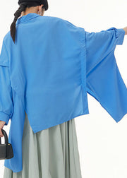 Diy Blue Asymmetrical Patchwork Cotton Shirts Batwing Sleeve