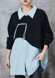 Diy Blue Striped Patchwork Cotton Loose Sweatshirts Top Spring